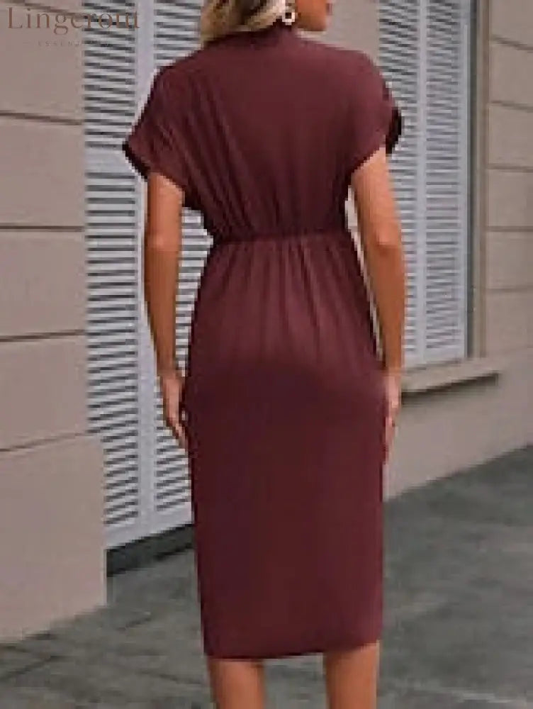 Women’s Casual Dress Midi Dress Ruched Date Vacation Streetwear Basic V Neck Short Sleeve Black Pink Dark Green Color