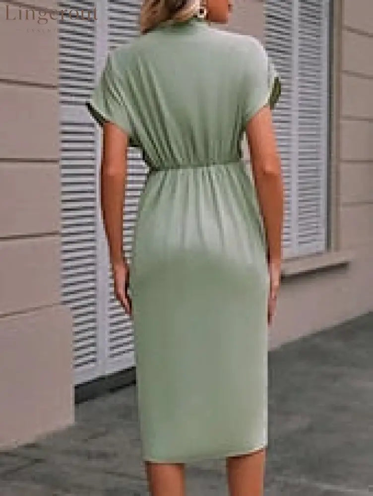 Women’s Casual Dress Midi Dress Ruched Date Vacation Streetwear Basic V Neck Short Sleeve Black Pink Dark Green Color