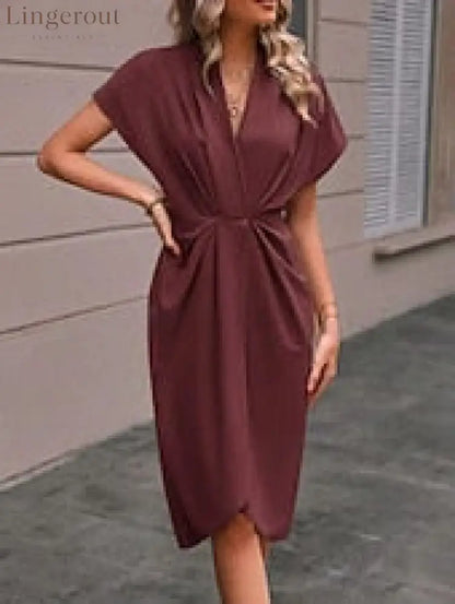 Women’s Casual Dress Midi Dress Ruched Date Vacation Streetwear Basic V Neck Short Sleeve Black Pink Dark Green Color