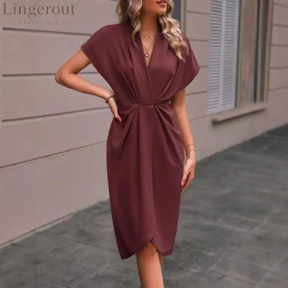 Women’s Casual Dress Midi Dress Ruched Date Vacation Streetwear Basic V Neck Short Sleeve Black Pink Dark Green Color