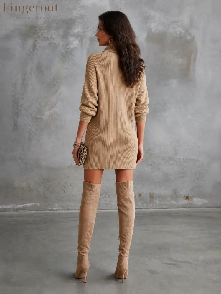 Women’s Casual Elegant Beige Knit Half-Zip Patch Pocket Mini Dress - DRESSES