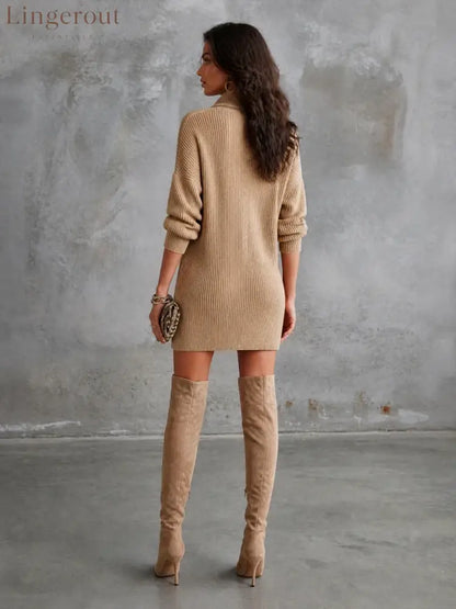 Women’s Casual Elegant Beige Knit Half-Zip Patch Pocket Mini Dress - DRESSES