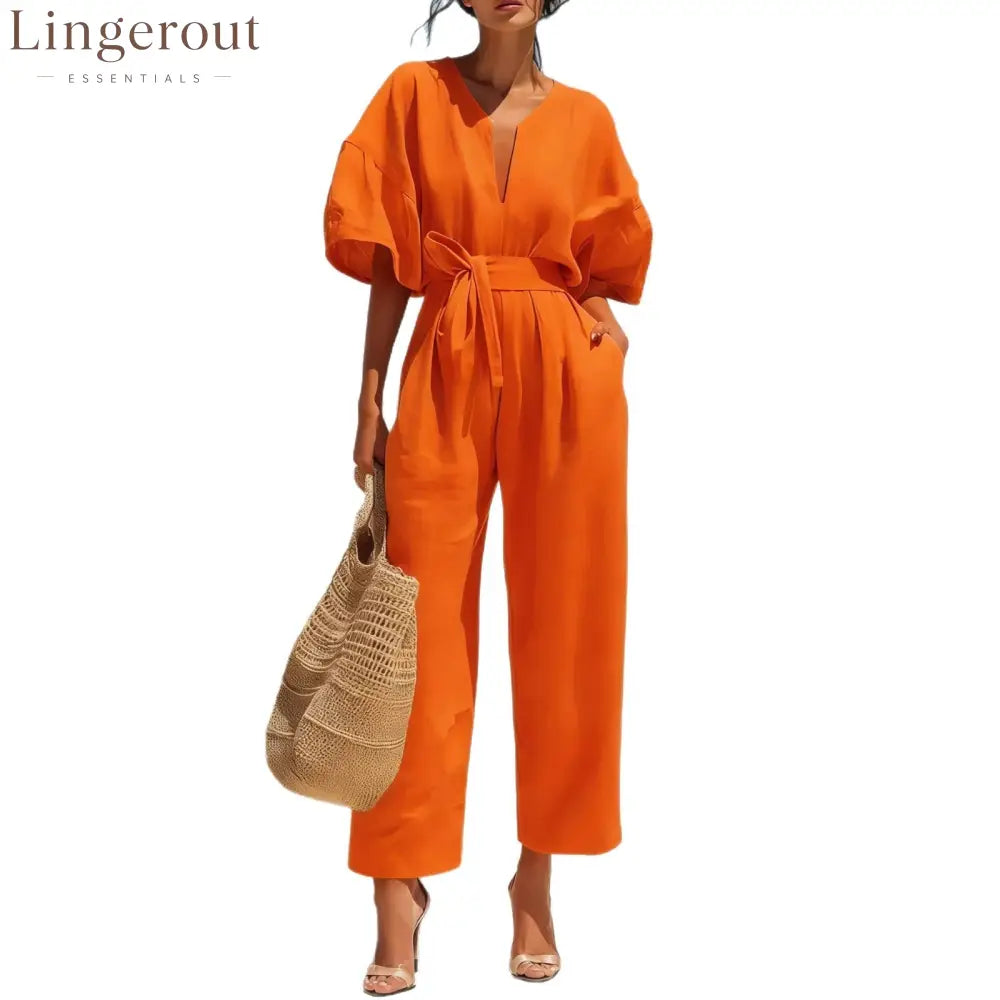 Women’s Casual Linen Jumpsuit with Lantern Sleeves
