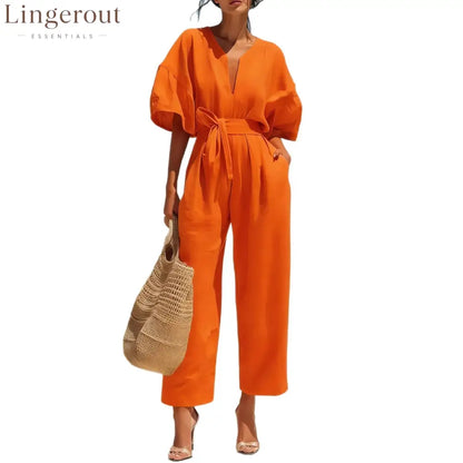 Women’s Casual Linen Jumpsuit with Lantern Sleeves