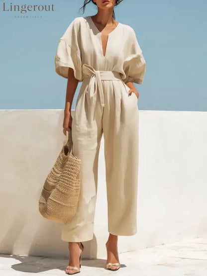 Women’s Casual Linen Jumpsuit with Lantern Sleeves