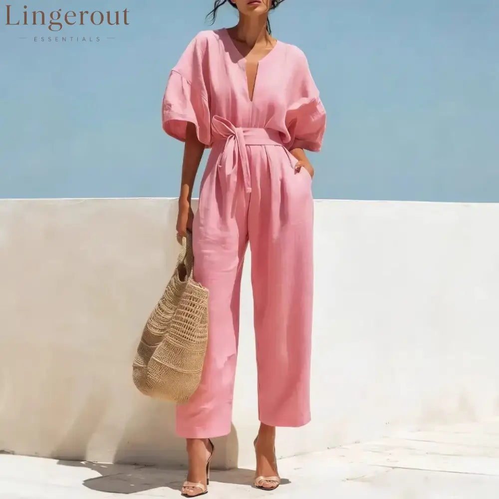 Women’s Casual Linen Jumpsuit with Lantern Sleeves
