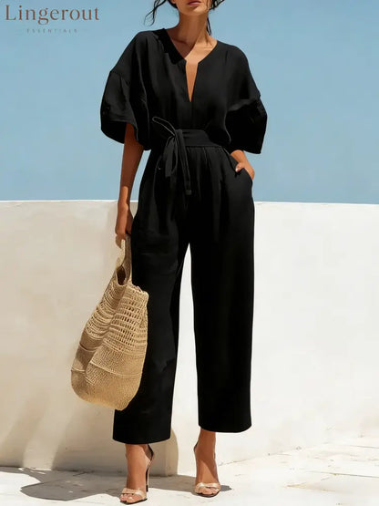 Women’s Casual Linen Jumpsuit with Lantern Sleeves - Black / S