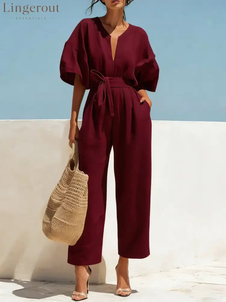 Women’s Casual Linen Jumpsuit with Lantern Sleeves - Burgundy / S