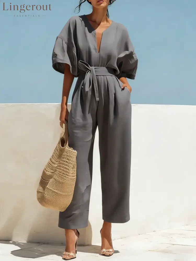 Women’s Casual Linen Jumpsuit with Lantern Sleeves - Grey / S