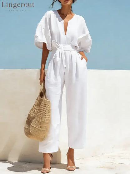 Women’s Casual Linen Jumpsuit with Lantern Sleeves - White / S