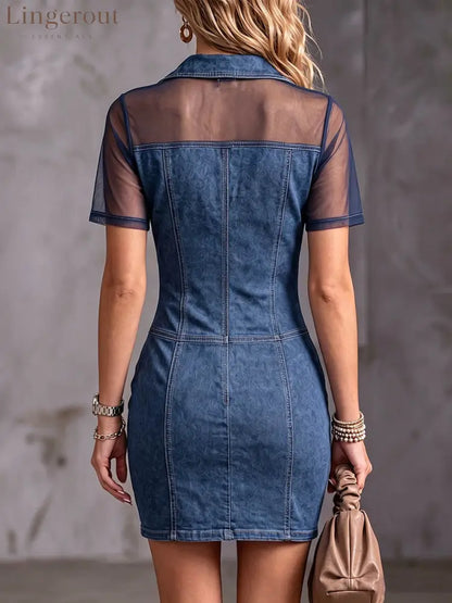 Women’s Casual Loose-fit Denim Dress With Chiffon Panels Lapel Collar And Short Sleeves