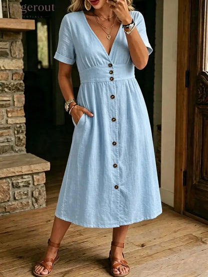 Women’s Casual Loose-fitting Linen And Cotton Short Sleeve Dress - Blue / S