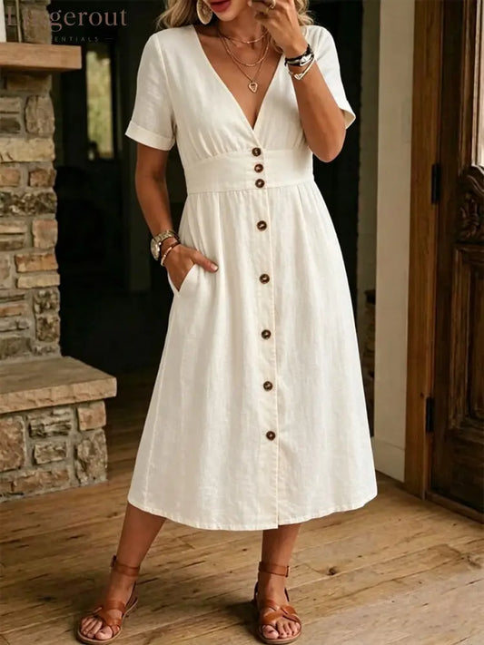 Women’s Casual Loose-fitting Linen And Cotton Short Sleeve Dress - White / S