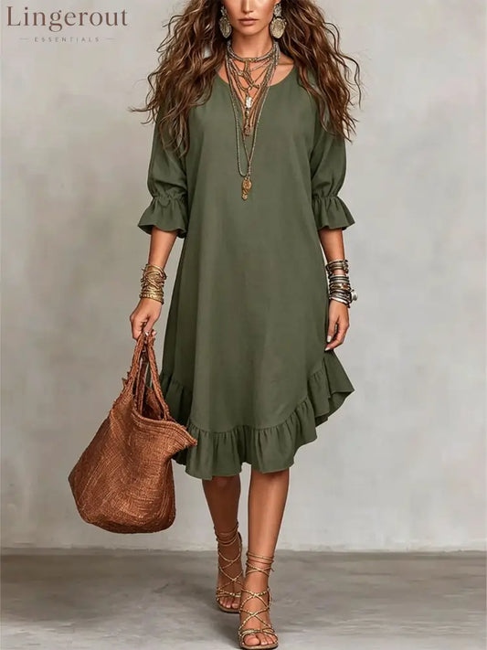 Women’s Casual Loose-fitting Round Neck Ruffles Linen And Cotton Short-sleeved Dress - Green / S