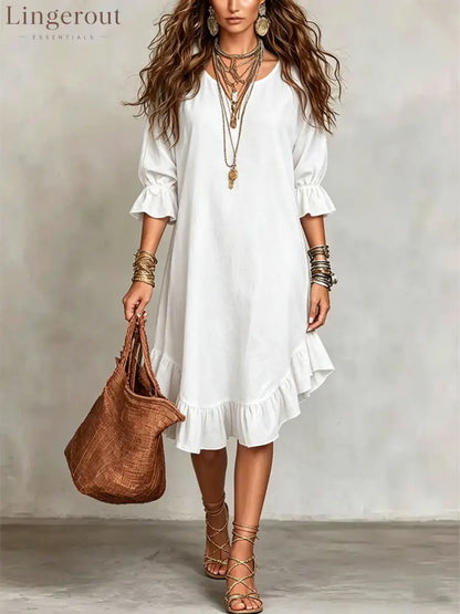 Women’s Casual Loose-fitting Round Neck Ruffles Linen And Cotton Short-sleeved Dress - White / S