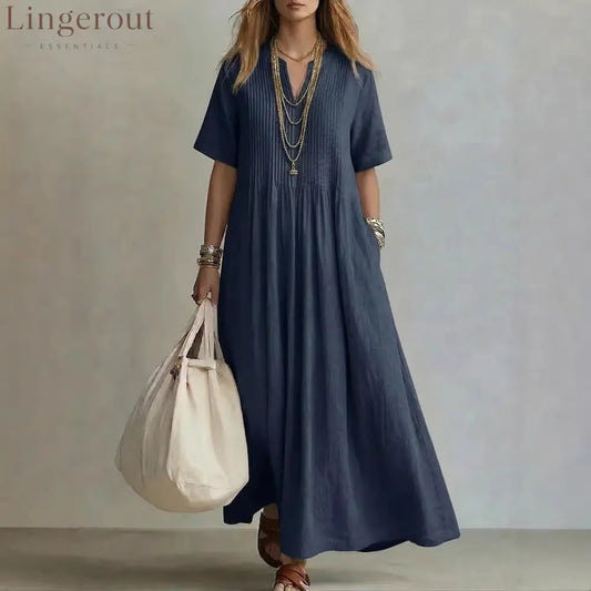 Women’s Casual Loose Short Sleeve Maxi Dress - Blue / S