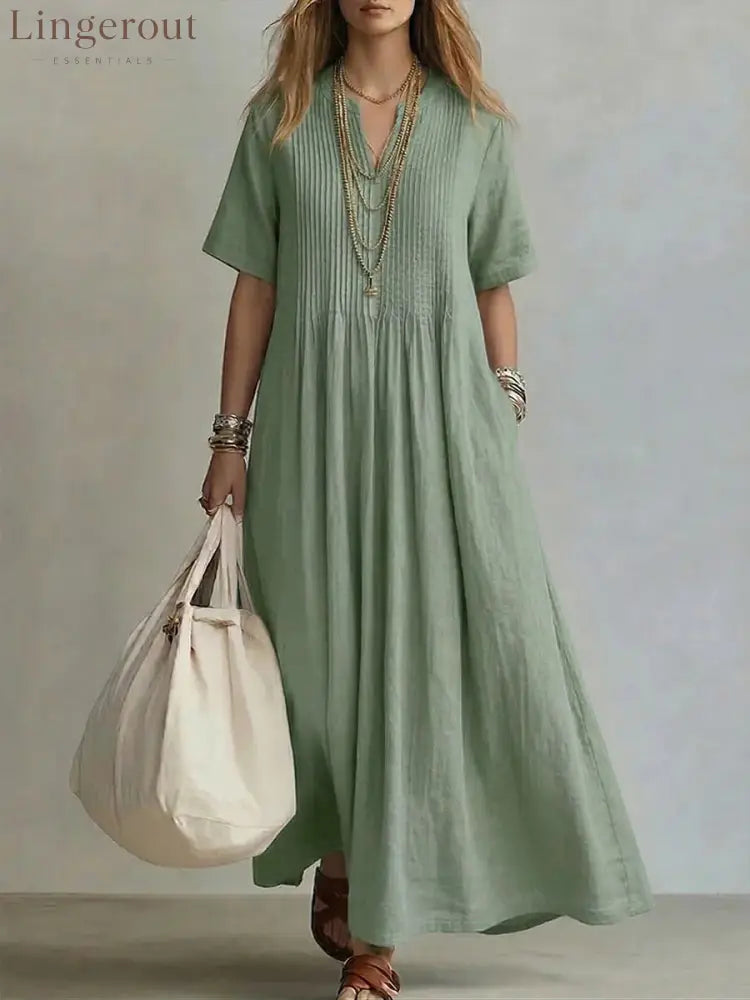 Women’s Casual Loose Short Sleeve Maxi Dress - Light green / S
