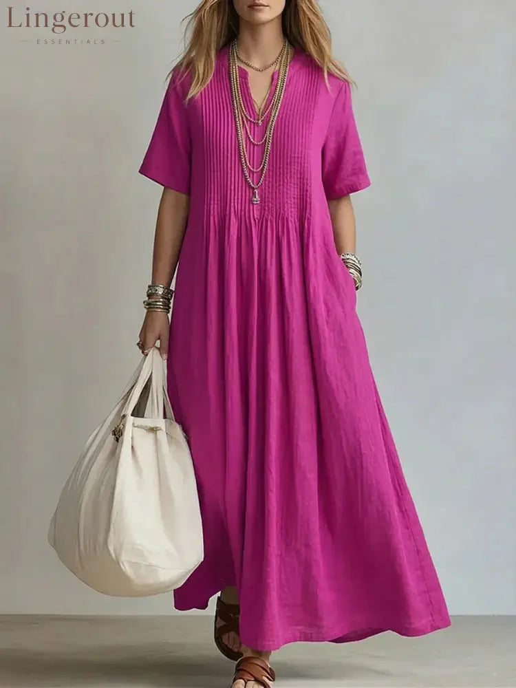 Women’s Casual Loose Short Sleeve Maxi Dress - Rose red / S