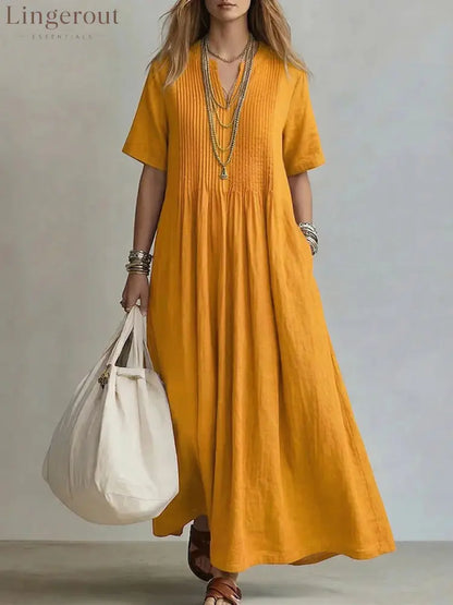 Women’s Casual Loose Short Sleeve Maxi Dress - Yellow / S