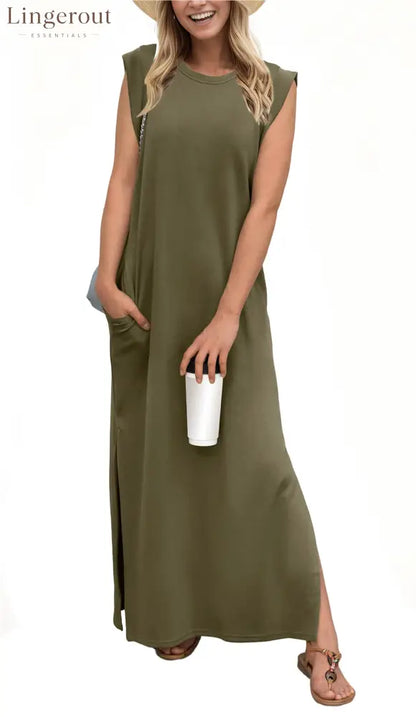 Women’s Casual Loose Split Wrinkle-Free Maxi Dress - Army Green / S