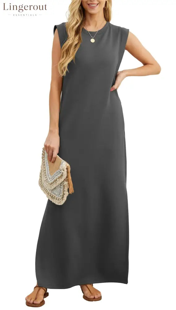 Women’s Casual Loose Split Wrinkle-Free Maxi Dress - Dark Gray / S