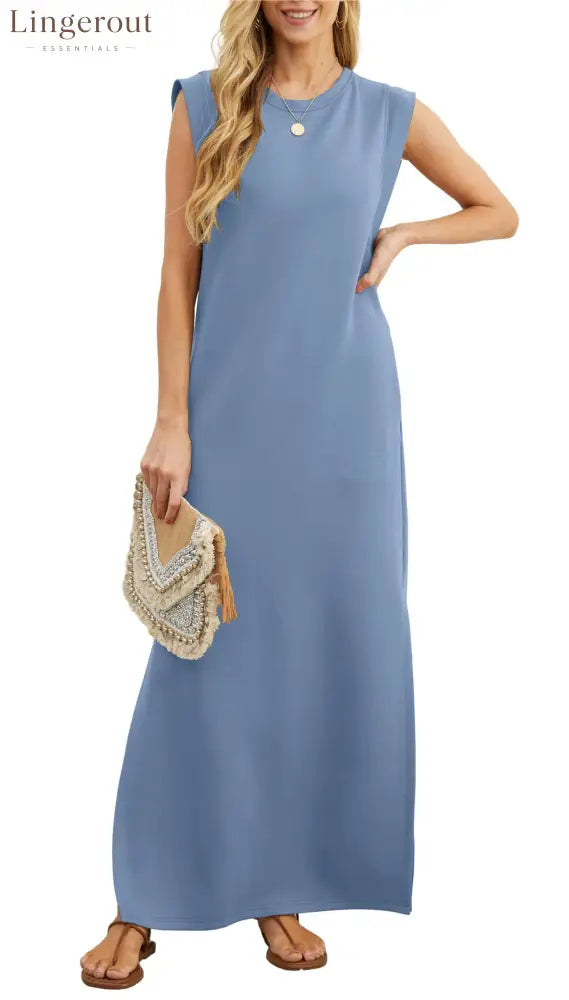 Women’s Casual Loose Split Wrinkle-Free Maxi Dress - Denim Blue / S