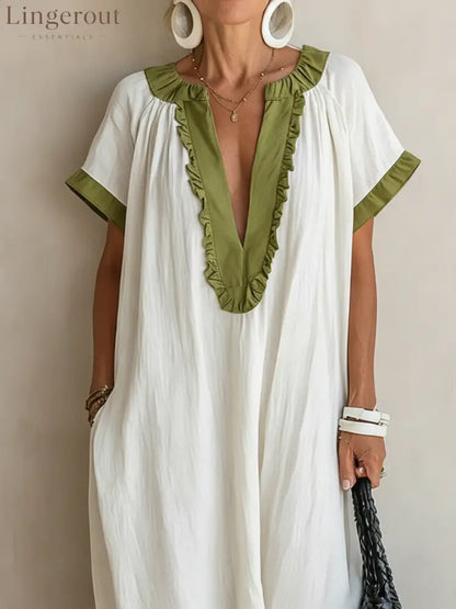 Women’s Casual Resort-Style Cotton-Linen V-Neck Short-Sleeve Loose Maxi Dress - Dress