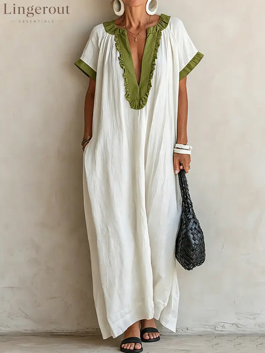 Women’s Casual Resort-Style Cotton-Linen V-Neck Short-Sleeve Loose Maxi Dress - White and Green / XS - Dress