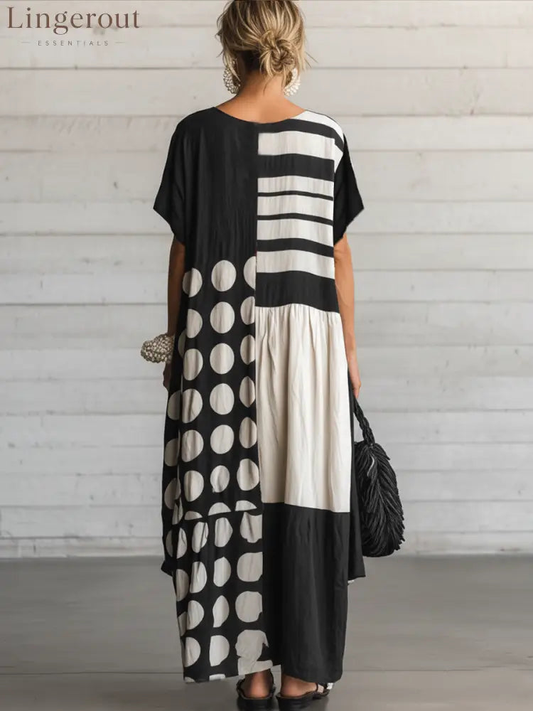 Women’s Casual Retro Cotton-Linen Spliced, Round Neck Short Sleeve Loose Fit Maxi Length Dress - Dress