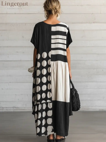 Women’s Casual Retro Cotton-Linen Spliced, Round Neck Short Sleeve Loose Fit Maxi Length Dress - Dress