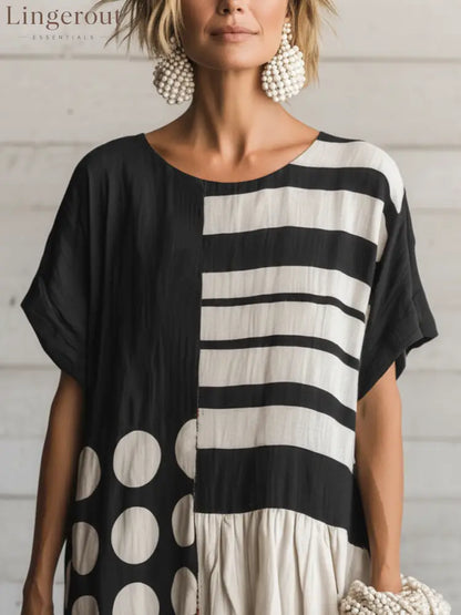 Women’s Casual Retro Cotton-Linen Spliced, Round Neck Short Sleeve Loose Fit Maxi Length Dress - Dress