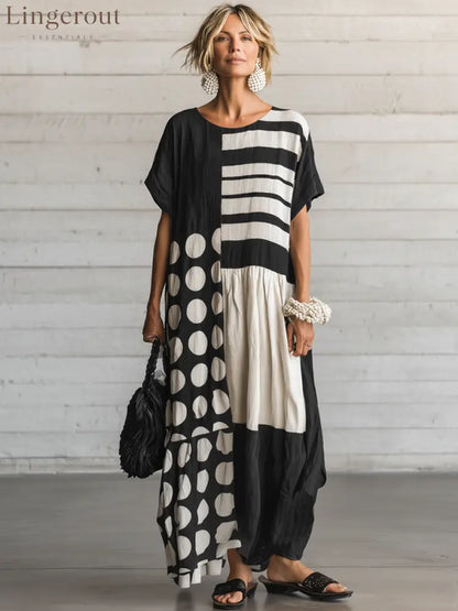 Women’s Casual Retro Cotton-Linen Spliced, Round Neck Short Sleeve Loose Fit Maxi Length Dress - Dress