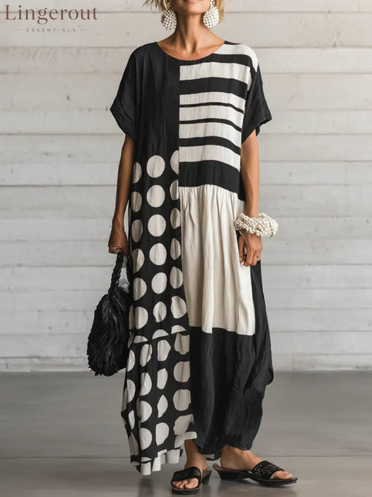 Women’s Casual Retro Cotton-Linen Spliced, Round Neck Short Sleeve Loose Fit Maxi Length Dress - Black and White / XS