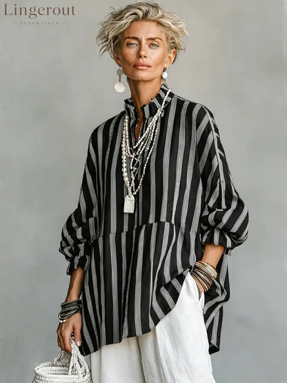 Women's Casual Retro Stand Collar, Vertical Stripes, Linen Blend, Half-Sleeves Loose-Fit Shirt ZMZ2818E2ZYY