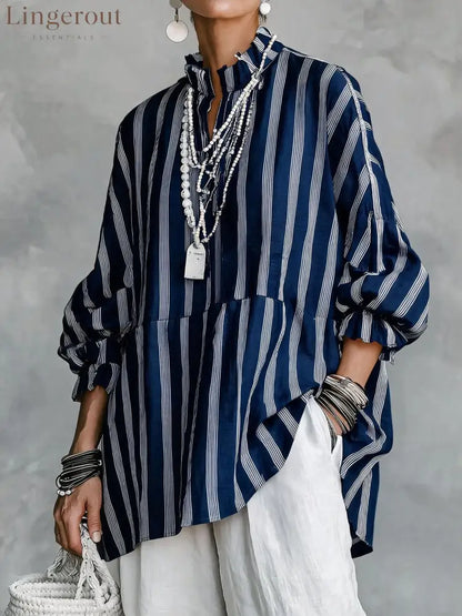 Women’s Casual Retro Stand Collar Vertical Stripes Linen Blend Half-Sleeves Loose-Fit Shirt - Navy Blue / XS - Shirts &
