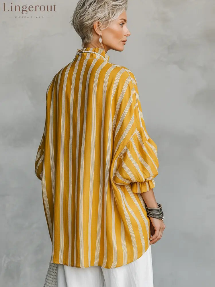 Women's Casual Retro Stand Collar, Vertical Stripes, Linen Blend, Half-Sleeves Loose-Fit Shirt ZMZ2818E2ZYY