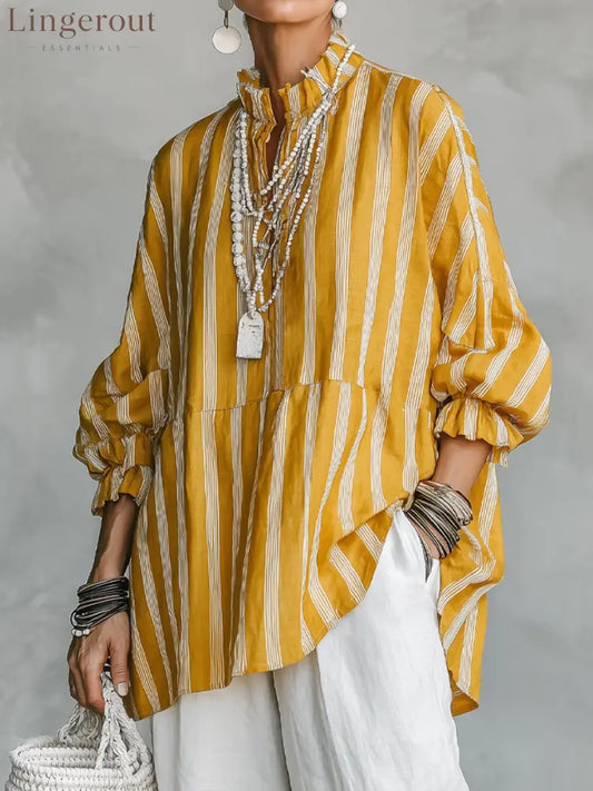Women's Casual Retro Stand Collar, Vertical Stripes, Linen Blend, Half-Sleeves Loose-Fit Shirt ZMZ2818E2ZYY