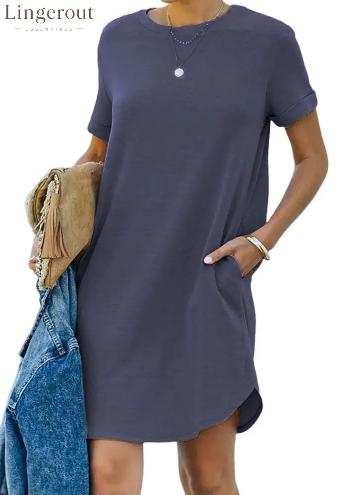 🔥Women’s Casual Short Sleeve T Shirt Dress Basic Dresses with Pockets(Buy 2 Free Shipping) - Navy Blue / S