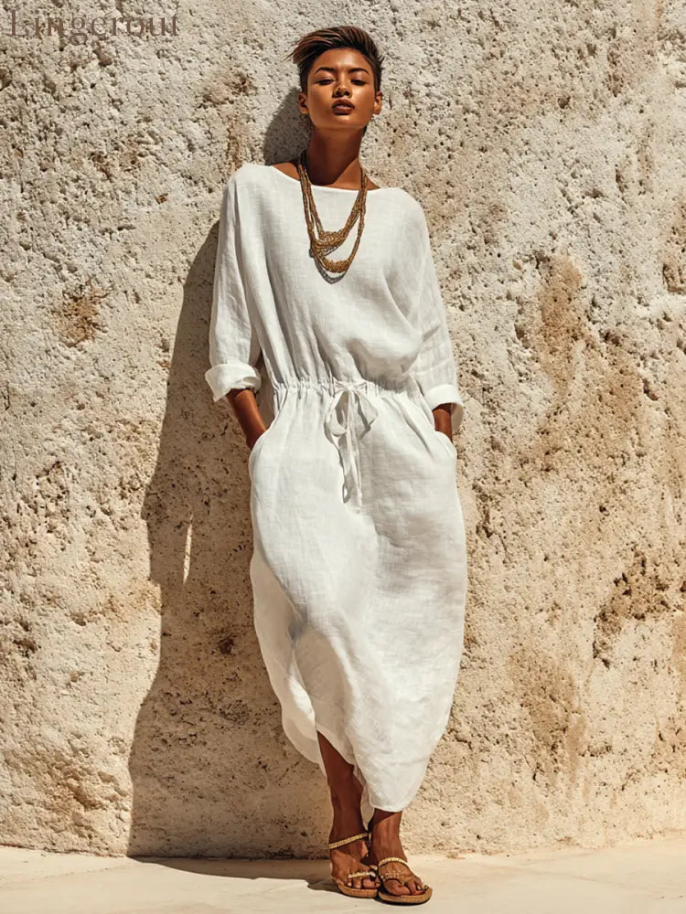 Women’s Casual Solid Color Cotton Linen Round Neck Long Sleeve Maxi Dress - Dress