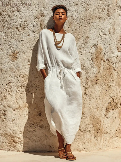 Women’s Casual Solid Color Cotton Linen Round Neck Long Sleeve Maxi Dress - Dress
