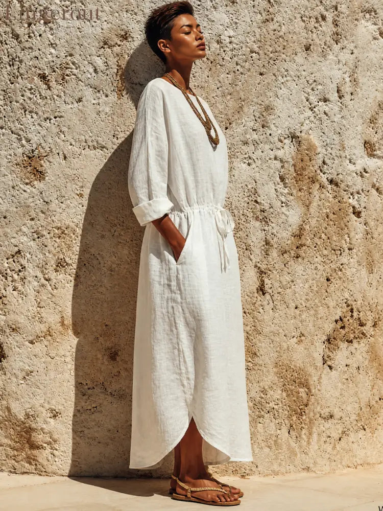 Women’s Casual Solid Color Cotton Linen Round Neck Long Sleeve Maxi Dress - Dress