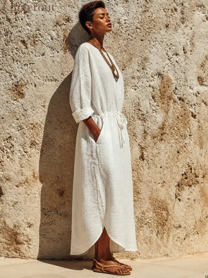Women’s Casual Solid Color Cotton Linen Round Neck Long Sleeve Maxi Dress - Dress