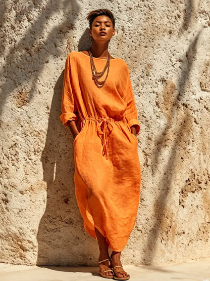 Women’s Casual Solid Color Cotton Linen Round Neck Long Sleeve Maxi Dress - Dress