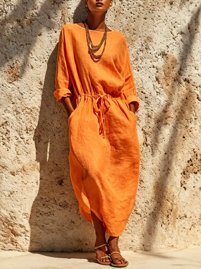 Women’s Casual Solid Color Cotton Linen Round Neck Long Sleeve Maxi Dress - Orange / XS - Dress