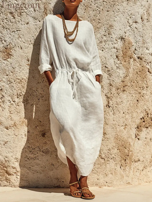 Women’s Casual Solid Color Cotton Linen Round Neck Long Sleeve Maxi Dress - White / XS - Dress