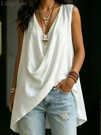 Women’s Casual Solid Color Loose Fit V-neck Sleeveless Vest Top - White / S