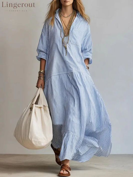 Women’s Casual Striped Loose-fitting Dress - Blue / S