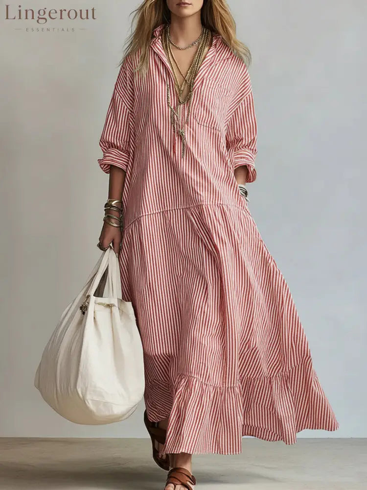 Women’s Casual Striped Loose-fitting Dress - Red / S