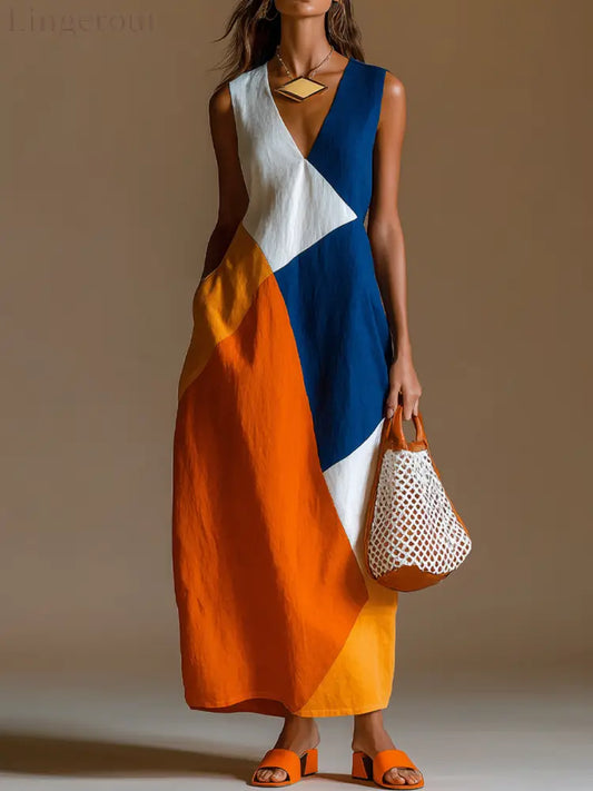 Women’s Casual Vacation-Style Loose-Fit Sleeveless V-Neck Multi-Color Patchwork Cotton-Linen Maxi Dress - Photo Color