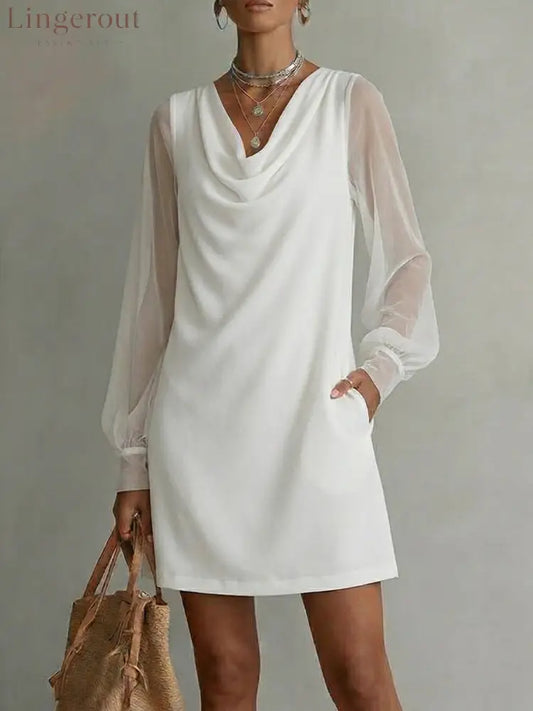 Women’s Chiffon Cowl-neck Long-sleeve Dress - White / S